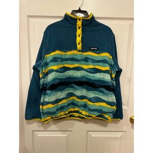 Lands End Fleece Pullover Womens XL Teal Yellow Wavy Stripe Snap Neck Sweatshirt